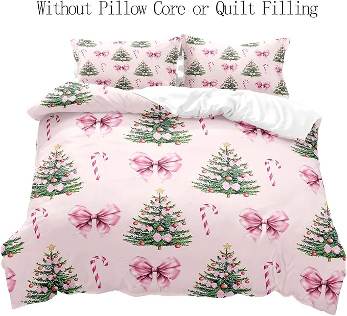 LUVIVIHOME 3PCS Pink Bow Christmas Tree Duvet Cover King Bedding Set, Teen Girls Bedding, Xmas Tree Candy Cane Winter Holiday Christmas Comforter Cover, Coquette Room Decor Aesthetic, 2 Pillow Shams