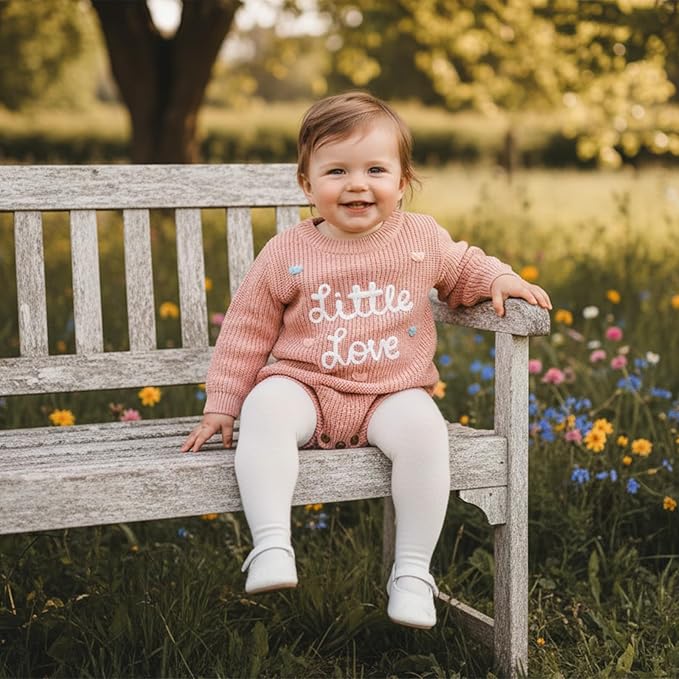 Lesimsam Newborn Baby Boy Girl Valentines Day Outfit Oversized Embroidery Long Sleeve Knit Sweater Bubble Romper Bodysuit