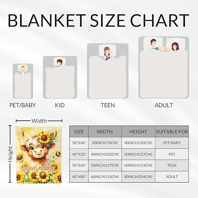 Personalized Highland Cow Stuff for Kids - 30" x 40" Inches Cute Highland Cow Blanket Throw Blanket - Yellow Lightweight Cozy Blankets for Sofa, Lap & Office