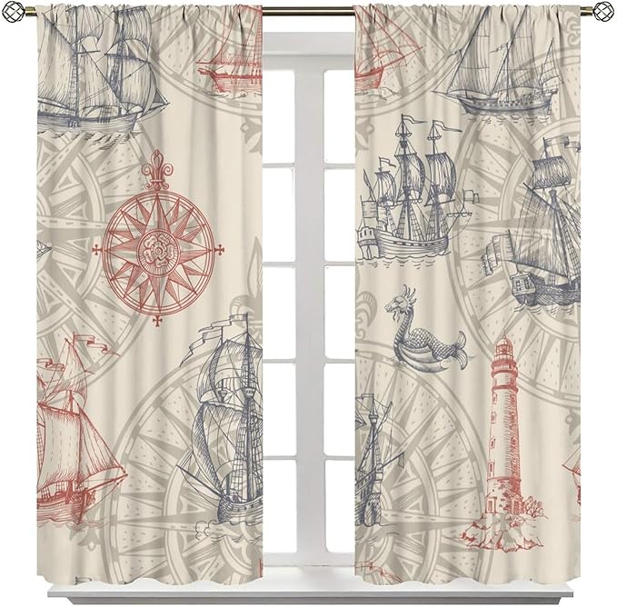 Nautical Curtain Set, Yellow Polyester Fabric, 2 Panels, 42x45 Inches, Bathroom, Rustic, Ocean Theme