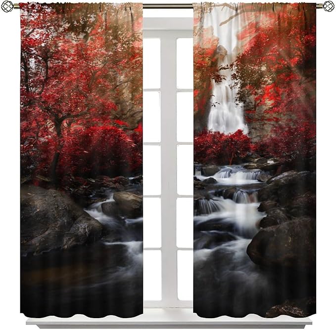 Nature Waterfall Blackout Curtains, Autumn Waterfall Romantic Forest Landscape Print Rod Pocket Window Drapes, for Bedroom Living Room 55" W X 63" L