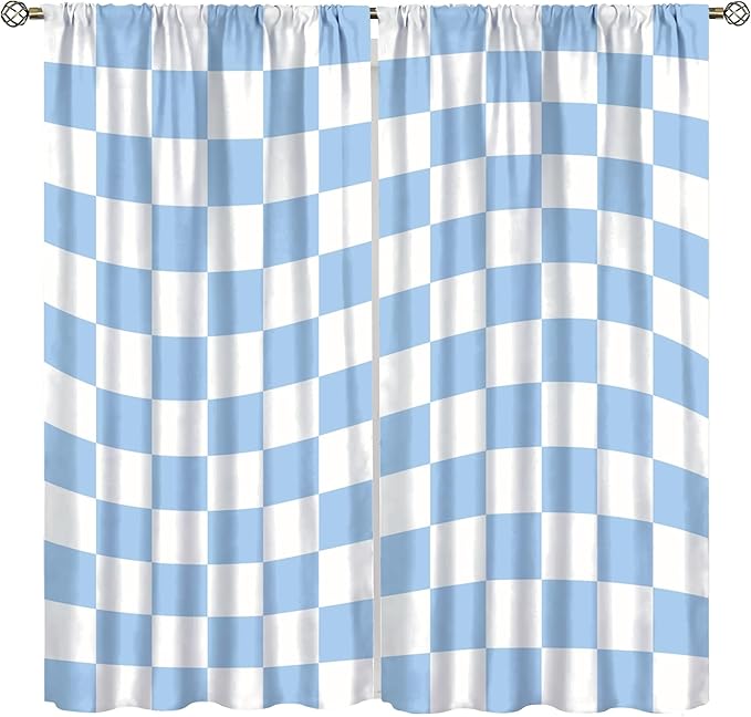 Blue Checkered Curtains,70s Vintage Twisted Checkered Window Drapes Colorful Groovy Trendy Wavy Hippie Grid Print Window Treatments for Kids Girls Bedroom Living Room 72" W X 63" L