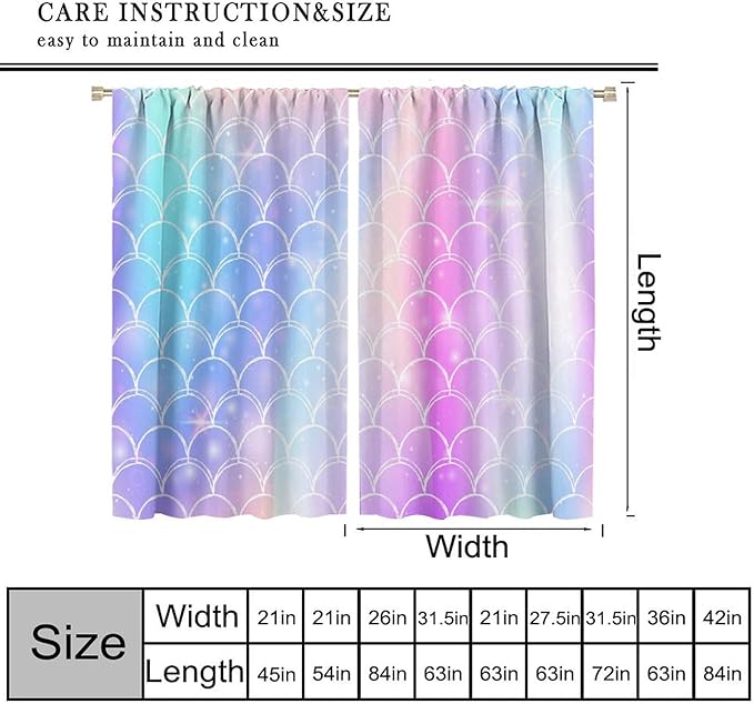 Mermaid Blackout Curtains, Kids Cartoon Blue and Pink Ocean Mermaid Scale Pattern Decoration for Girls Bedroom Nursery Curtains 63x72 Inch