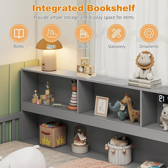 Giantex Twin Floor Bed for Kids, Wooden Montessori Bed Frame with Bookcase, Storage Shelves & Safety Fence Rails, Floor Beds Twin for Girls, Boys, No Box Spring Needed, Without Slats, Grey