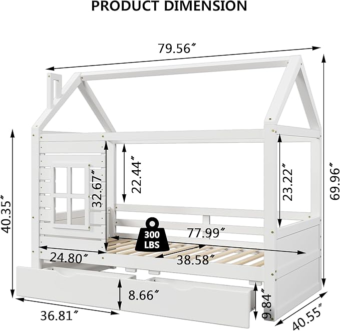 Twin Size Kids House Bed with 2 Storage Drawers, Twin House Bed Frame with Roof and Window, Twin Bed Frames for Kids with Slats, Modern Wooden Montessori Bed for Bedroom, White