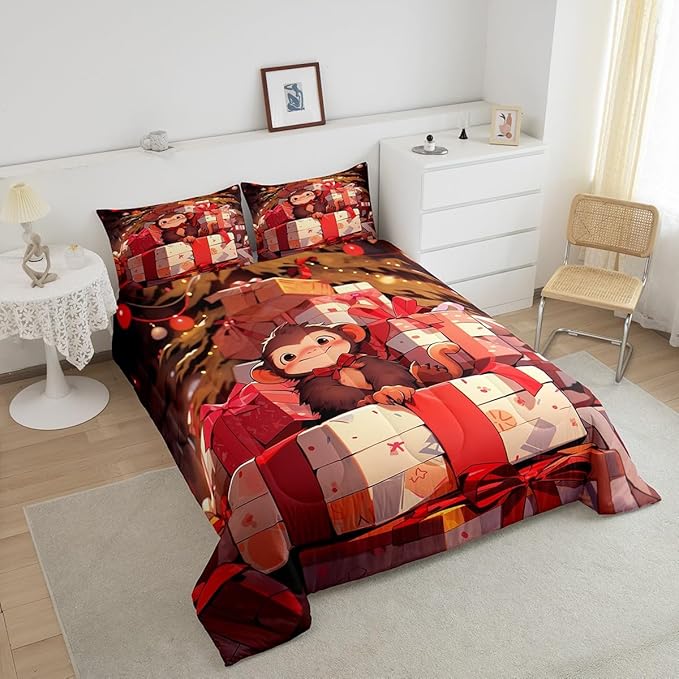 Cartoon Cute Monkey Bedding Set Twin Size,Merry Christmas Comforter Set for Kids Boys Girls Room Decor,Xmas Theme Red Luxury Duvet Insert 2Pcs,Animals Microfiber Modern Soft Quilt Set,1 Pillowcase