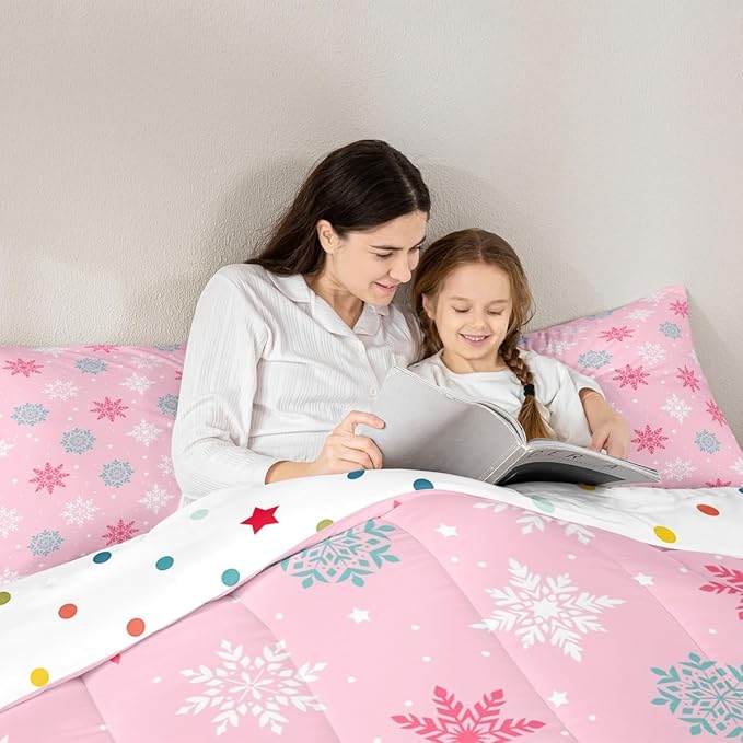 Feelyou Winter Snowflakes Bedding Set Soft for Boys Girls, Winter Holiday Comforter Set Toddler Size Frozen Snowflake Duvet Quilt Pink Bedroom Decor 2 Pcs with 1 Pillow Cases