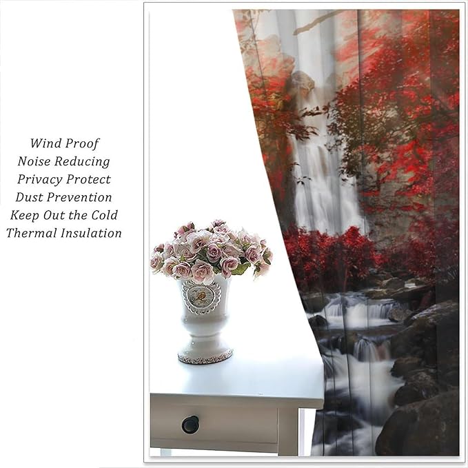 Nature Waterfall Blackout Curtains, Autumn Waterfall Romantic Forest Landscape Print Rod Pocket Window Drapes, for Bedroom Living Room 63" W X 72" L