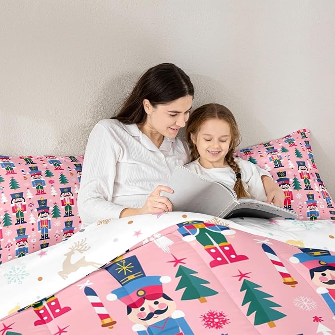 Feelyou Cute Nutcracker Kids Comforter Set King Christmas Tree Bedding Set Xmas Snowflake Duvet Quilt for Kids Boys Girls Bedroom Colorful Soldier Decor Candy-Cane Designs Microfiber Soft Breathable
