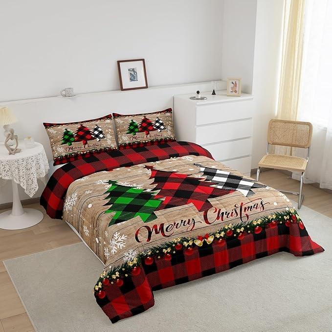 Manfei Plaid Tree Comforter Set King Size, Wooden Stripe Print Bedding Set 3pcs for Kids Boys Girls Bedroom Decor, Christmas Theme New Year Quilt Set with 2 Pillowcases
