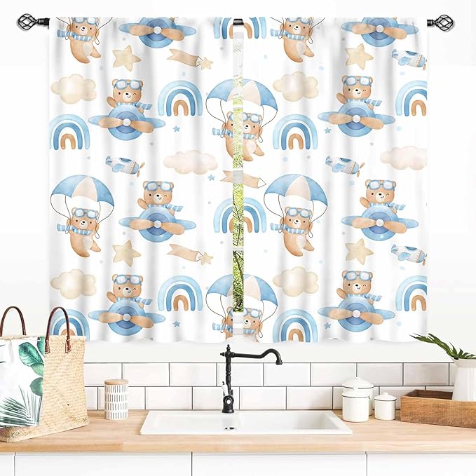 Cartoon Bear Curtains, Kids Boys Girls Cute Lovely Bear Adventure Airplane Cloud Pastel Blue Window Drapery Treatments for Baby Living Room Bedroom Nursey Toddler Classroom 2 Panels, 55x39 Inch