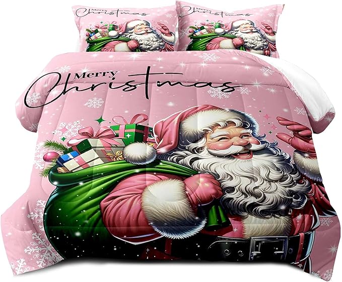 LUVIVIHOME 2PCS Merry Christmas Comforter Set Twin Size, Funny Santa Claus Bedding, Kids Teens Girls Bedding, Winter Snowflake New Year Christmas Bedroom Decor, Pink Quilt, Xmas Gifts, 1 Pillow Sham