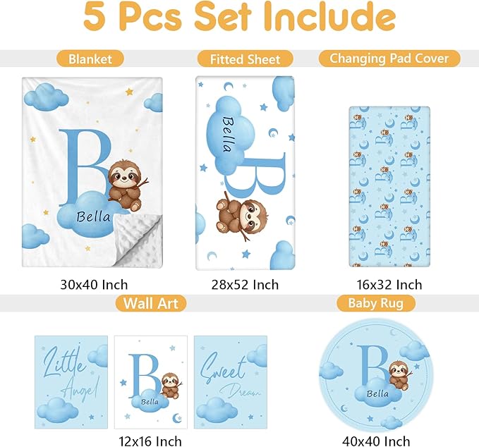 Personalized Baby Bedding Set, 5 Pcs Custom Baby Crib Sets with Name, Toddler Bedding Set for Baby Girls Boys, Blue Sloth Double Layer Nursery Bedding Set, Customized Gifts for Infants Kids
