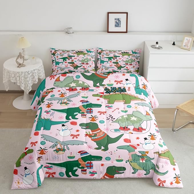 Feelyou Christmas Pink Comforter Set Toddler Size for Kids Boys Girls Cartoon Xmas Dinosaur Bedding Set Snowman New Year Decorations Bedroom Quilt Set