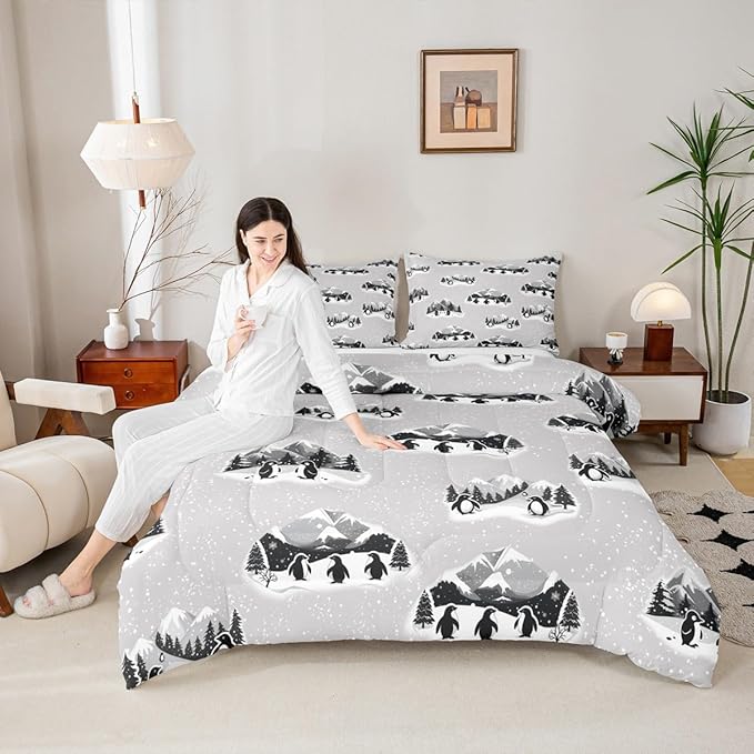 Feelyou Christmas Kids Comforter Set Queen Size Polar Penguin Bedding Set Snowflake Duvet Quilt for Kids Boys Girls Bedroom Winter Decor Microfiber Ultra Soft Breathable