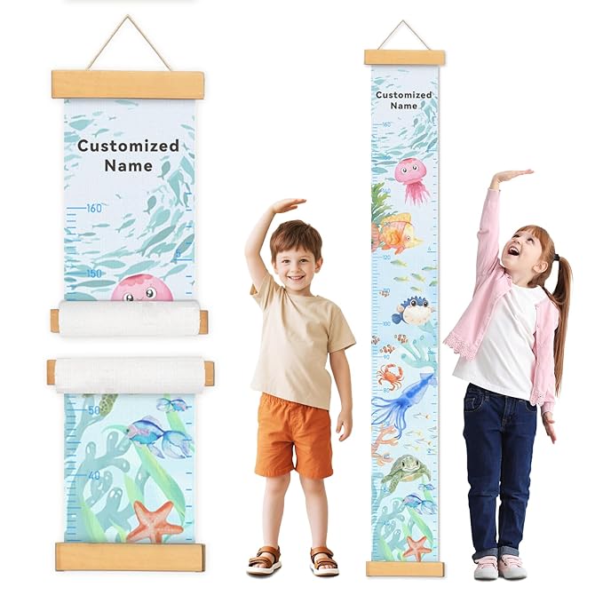 Personalized Name Growth Chart Wall Decor for Kids – Canvas Removable Height Chart Measuring Ruler 59" x 7.9" (Paint Marine Animals)