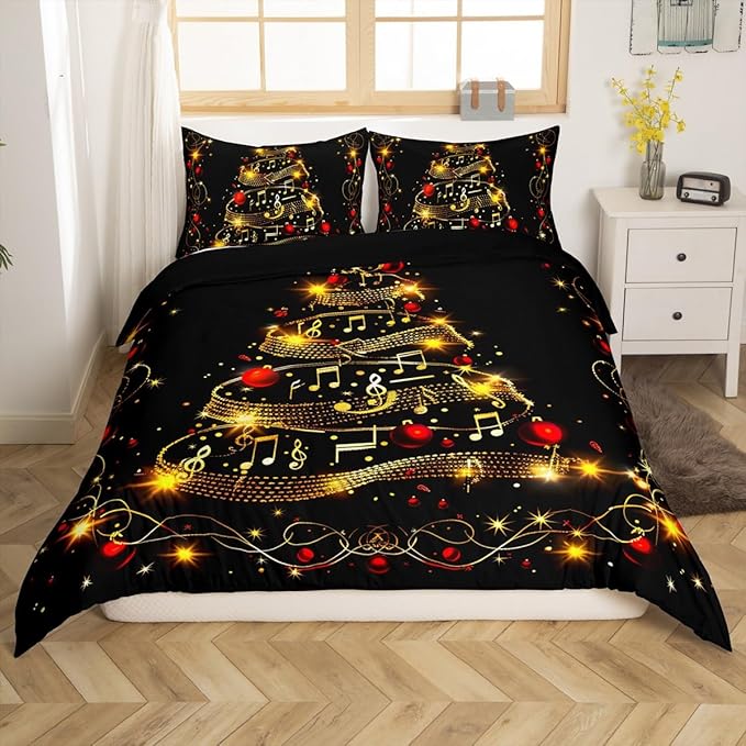 Christmas Tree Duvet Cover Set Queen Size, Gold Musical Note Print Bedding Set 3pcs for Kids Boys Girls Bedroom Decor, New Year Theme Xmas Holidays Comforter Cover with 2 Pillowcases,No Comforter