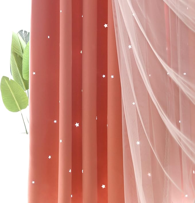 Kinryb Princess Curtains for Girls Bedroom with Sheer Overlay,Double Layer Curtain for Living Room with Star Cutout, Curtains for Kids Room (70 W*63 L Inches,2 Pcs Coral)