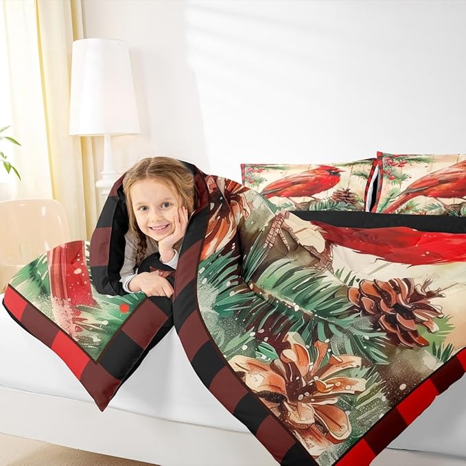 jejeloiu Kids Red Cardinal Comforter Set Twin Size Christmas Red Black Plaid Bedding Set for Boys Girls Teens Xmas Birds Winter Rustic Wood Plank Animal Duvet Quilt Room Decor