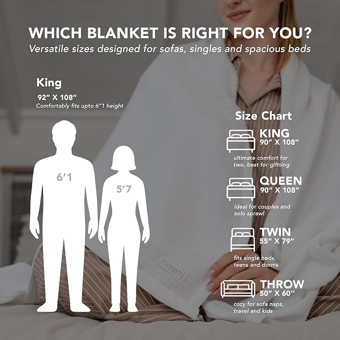 Goqan Muslin Blanket King Size 90x108 – 100% Cotton 4 Layer Boho Muslin Blanket for Adults, Lightweight, Soft, Breathable for Bed, Couch - White