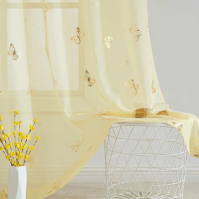 Jubilantex Yellow Butterfly Sheer Curtain Panels for Kids Nursery Bedroom, Baby Girls Toddler Gold Print Linen Textured Rod Pocket Voile Drapes 63 Inch Long for Living Room,2 Panels