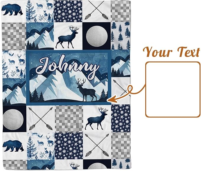 Personalized Baby Blankets for Girls Boys, Custom Blue Deer Baby Blanket with Name for Kids, Flannel Bed Throw Blanket for Newborn, Customized Gifts for Baby Shower Nursery Blanket(60" x80)