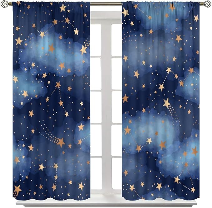 Starry Sky Blackout Curtains, Starry Scenery Blue Night Sky Stars Window Drapes for Kids Boys Girls Bedroom Living Room 84" W X 84" L