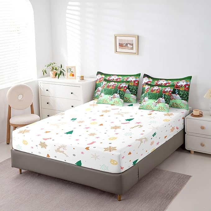 Feelyou Santa Claus Printed Bed Set Christmas Decorations Bed in a Bag for Kids Boys Girls Galaxy Blue Cute Decor Comforter Set with Sheets Snowman Snowflake Bedding Set Bedroom Collection Queen Size