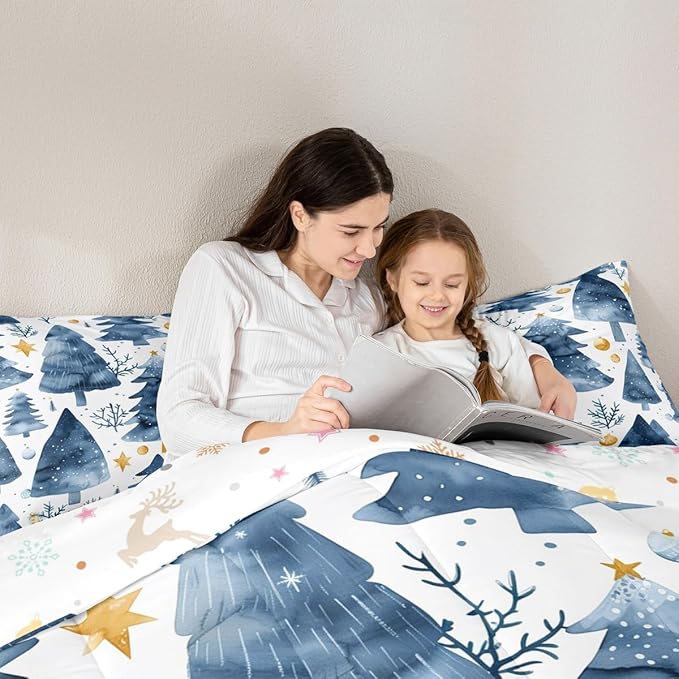 Feelyou Christmas Comforter Set All Season Xmas Tree Bedding Set with 2 Pillow Cases Watercolor Blue Microfiber Kids Full Bedclothes Snowflake Bedroom Decor Duvet Quilt Breathable Soft Lightweight