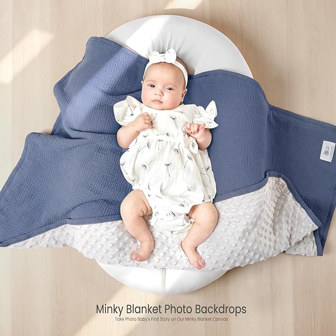 lulumoon Baby Blankets for Boys Newborn: Reversible Muslin & Minky Dotted Backing - Thermal Receiving Blanket for Stroller & Registry Gift 30"x40"(Blue)