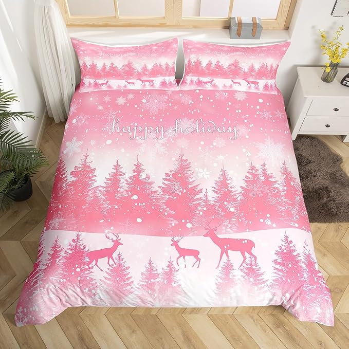 Manfei Pink Glitter Duvet Cover Set King Size, Xmas Trees Deers Snowflakes Print Bedding Set 3pcs for Kids Girls Teens Bedroom Decor, Christmas Theme Comforter Cover with 2 Pillowcases,No Comforter