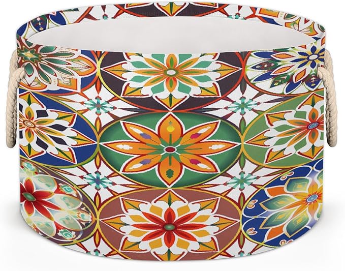 Colorful Geometric Mandala Round Storage Basket for Laundry & Toys, Lightweight Fabric Laundry Hamper with Handles, Foldable Large Organizer Bin for Bedroom Bathroom Nursery Dorm