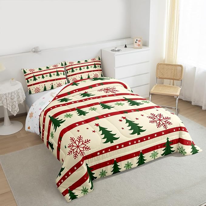 Feelyou Christmas Bedding Set Soft for Boys Girls, Xmas Tree Comforter Set Full Size Snowflake Star Duvet Quilt Microfiber New Year Theme Bedroom Decor 3 Pcs with 2 Pillow Cases