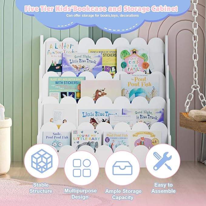 4 Tier Scalloped Kids Bookshelf Natural Wood Toddler Book Rack Nursery Bookcase Playroom Coloring Book Magazine Display Storage Shelf Organizer Classroom Library Homeschooling (White)
