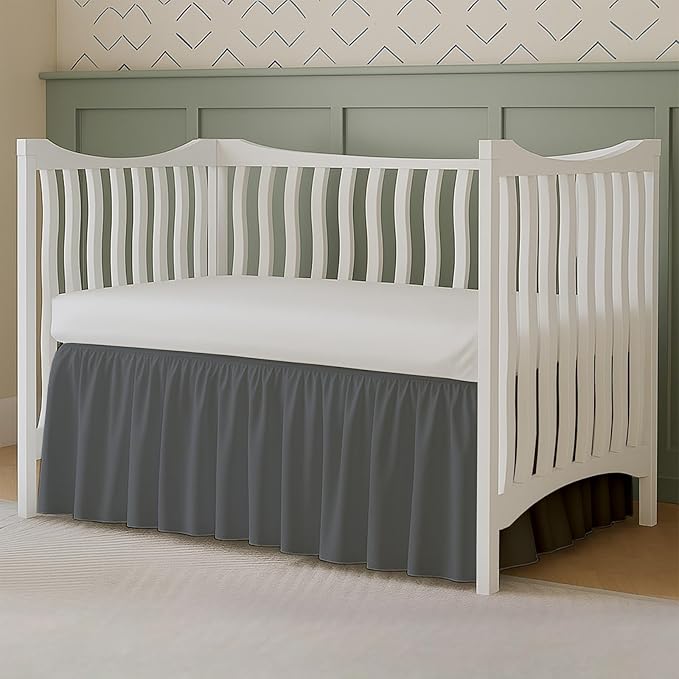 Crib Bed Skirt Dust Ruffle with Split Corners, 100% Cotton, Dark Grey Nursery Crib Skirt for Baby Boys or Girls, 28x52, 14" Drop, Toddler Bed Skirt, Baby Bedding, Crib Sheet Skirt, Soft & Breathable