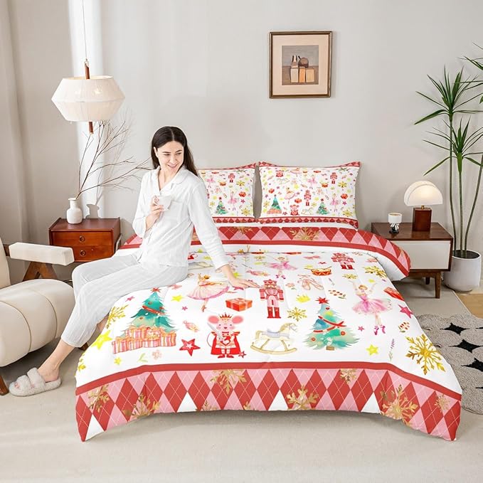 Feelyou Christmas Comforter Set All Season Ballet Nutcracker Bedding Set with 2 Pillow Cases Snowflake Kids King Bedclothes Bedroom Decor Duvet Quilt Breathable Soft Lightweight