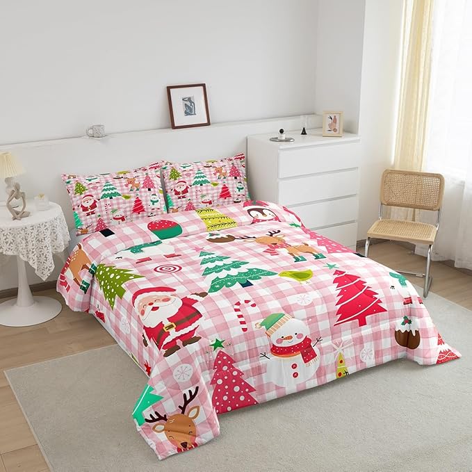 Castle Fairy Merry Christmas Kids Comforter Set Twin Size,Cartoon Xmas Style Cute Animals Bedding Set for Kids Boys Men,Santa Claus Pine Trees Pink Checkered Quilted Duvet Set with 1 Pillowcase