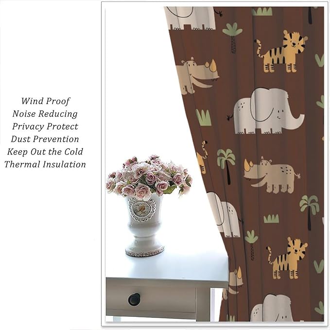 Jungle Safari Animals Blackout Curtains Cartoon Tropical Forest Animals Elephant Tiger Brown Art Print for Kids Boys Bedroom Nursery Rod Pocket Decoration Window Drapes 2 Panels W31.5xL63in