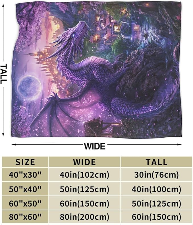 Dragon Blanket Purple Throw Blankets for Girls Boys Soft Warm Cool Mysterious Castle Throws Flannel Fleece Plush Animal Gifts for Kids Men Women Adults for Bed Sofa Bedding Decor 60"x50"