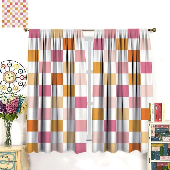 Pink Checkered Curtains,70s Vintage Twisted Checkered Window Drapes Colorful Groovy Trendy Wavy Hippie Grid Print Window Treatments for Kids Girls Bedroom Living Room 63" W X 63" L