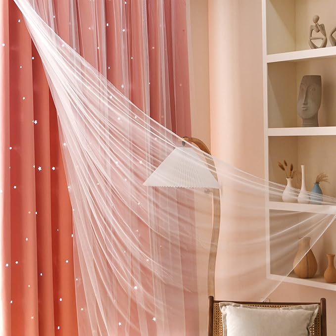 Kinryb Princess Curtains for Girls Bedroom with Sheer Overlay,Double Layer Curtain for Living Room with Star Cutout, Curtains for Kids Room (52 W*63 L Inches,2 Pcs Coral)