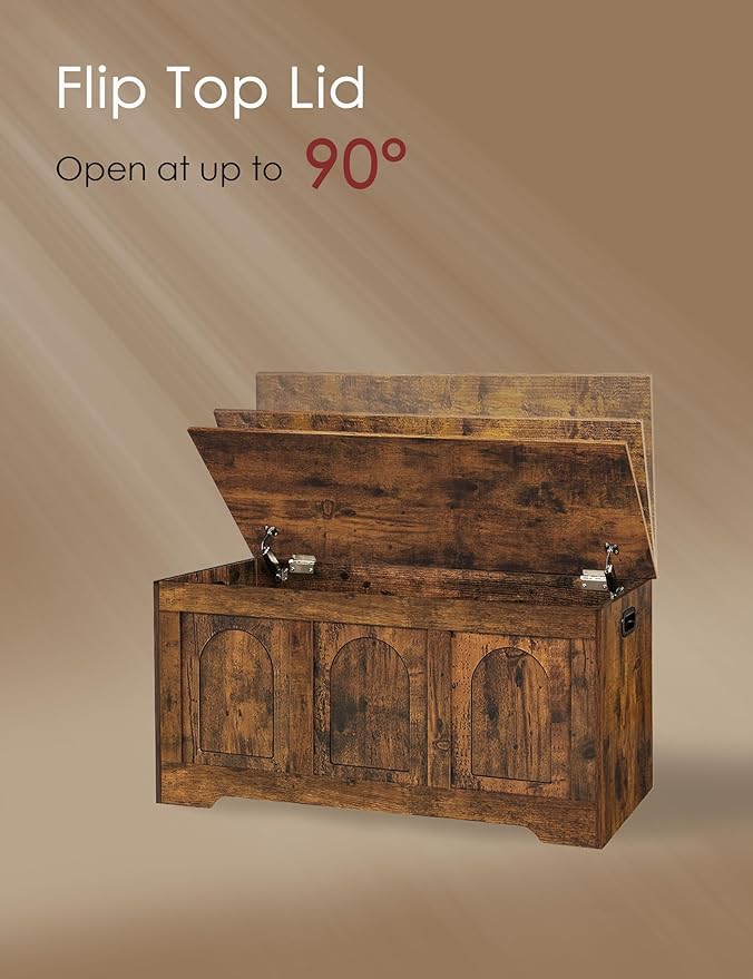 DINZI LVJ Storage Chest, 39.4” Wooden Toy Box with 2 Safety Hinges, Entryway Shoe Bench with Flip-Top, Sturdy Large Storage Trunk for Living Room, Bedroom, Playroom, Easy Assembly, Rustic Brown