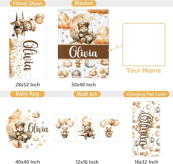 Personalized Toddler Bedding Set, 5 Pcs Custom Name Crib Bedding Set for Boys Girls, Balloon Bear Baby Crib Bedding Set, Double Layer Flannel Baby Crib Set, Customized Gifts for Newborn Infant
