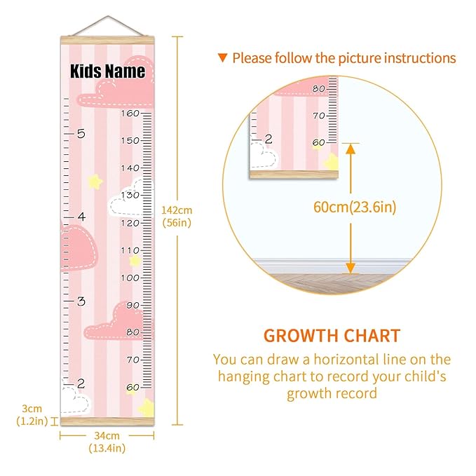 Personalized Kids Name Growth Chart Ruler for Wall Wood Frame Height Measure Chart 13.4x56 in Linen Hanging Height Growth Chart Cute Pink Kids Room Decor