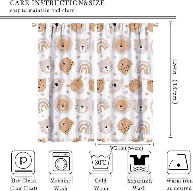 Cartoon Boho Animal Curtains,Funny Forest Safari Print,Cute African Wildlife Koala Giraffe Lion Leopard Bear Rainbow Blackout Window Drapes for Boys Girls Kids Baby Child Bedroom 42x54 Inch