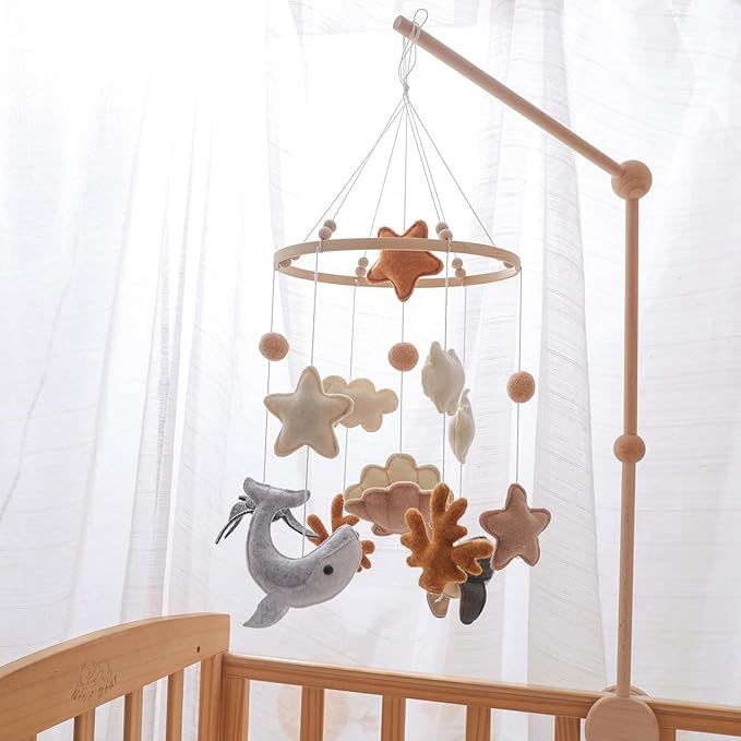 Baby Crib Mobile - Cartoon Toys Hangable Marine Animal Decoration for Nursery, Durable Soft Design with Rotating Bell, Baby Bed Ornament for Bassinet, Boys, Girls, Bedroom, Crib, 12x12x8 Inches