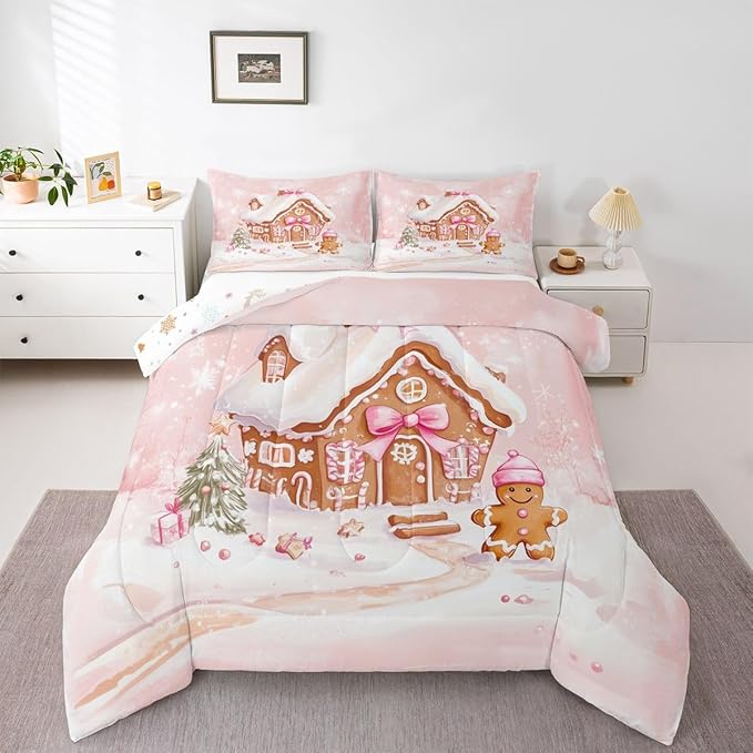 Feelyou Gingerbread House Kids Comforter Set Queen Size Gingerbread Man Bedding Set Christmas Tree Duvet Quilt for Kids Boys Girls Bedroom Pink Bow Decor Snowflake Microfiber Ultra Soft Breathable