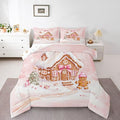 Feelyou Gingerbread House Kids Comforter Set Twin Size Gingerbread Man Bedding Set Christmas Tree Duvet Quilt for Kids Boys Girls Bedroom Pink Bow Decor Snowflake Microfiber Ultra Soft Breathable