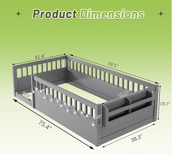 Twin Size Montessori Bed, Wood Twin Montessori Floor Bed with High Rails & Storage Shelf, Baby Floor Beds with LED Light for Boys & Girls, Gray