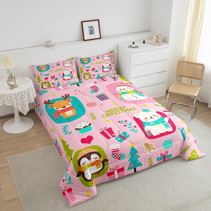 Erosebridal Christmas Cartoon Bedding Set for Kids Cute Snowman Bear Comforter Set Toddler Size Xmas Tree Deer Elk Reversible Quilts Kawaii Penguin Animal Duvet Insert Room Decor